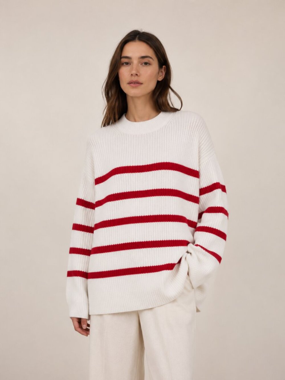 12 STOREEZ Oversized Wool Blend Striped Jumper In Red Stripe